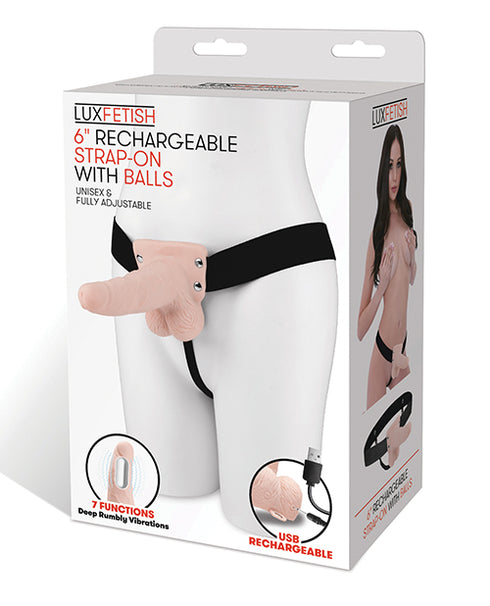 Fetish Fantasy Series Rechargeable Vibrating 6 in. Hollow Strap-On With Balls Tan/Black
