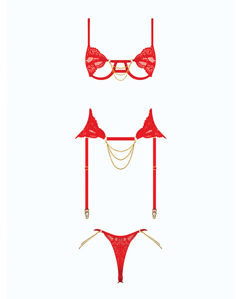 House of Desire Cecily Lace Cut-Out Bra & Thong w/Garter Straps - Red 1X/2X