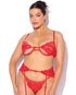House of Desire Cecily Lace Cut-Out Bra & Thong w/Garter Straps - Red 3X/4X