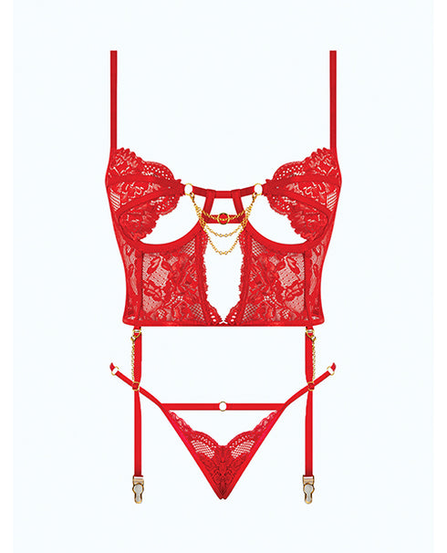 House of Desire Cecily Lace & Mesh Bustier w/Thong & Garter Straps - Red LG