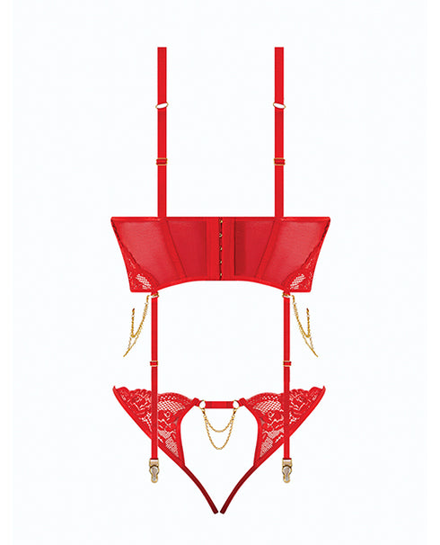 House of Desire Cecily Lace & Mesh Bustier w/Thong & Garter Straps - Red LG