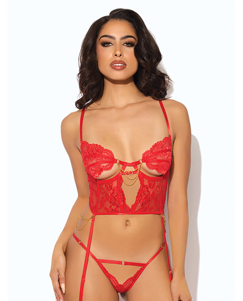 House of Desire Cecily Lace & Mesh Bustier w/Thong & Garter Straps - Red MD