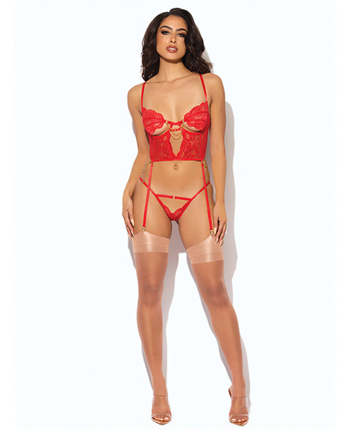 House of Desire Cecily Lace & Mesh Bustier w/Thong & Garter Straps - Red MD
