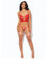 House of Desire Cecily Lace & Mesh Bustier w/Thong & Garter Straps - Red SM
